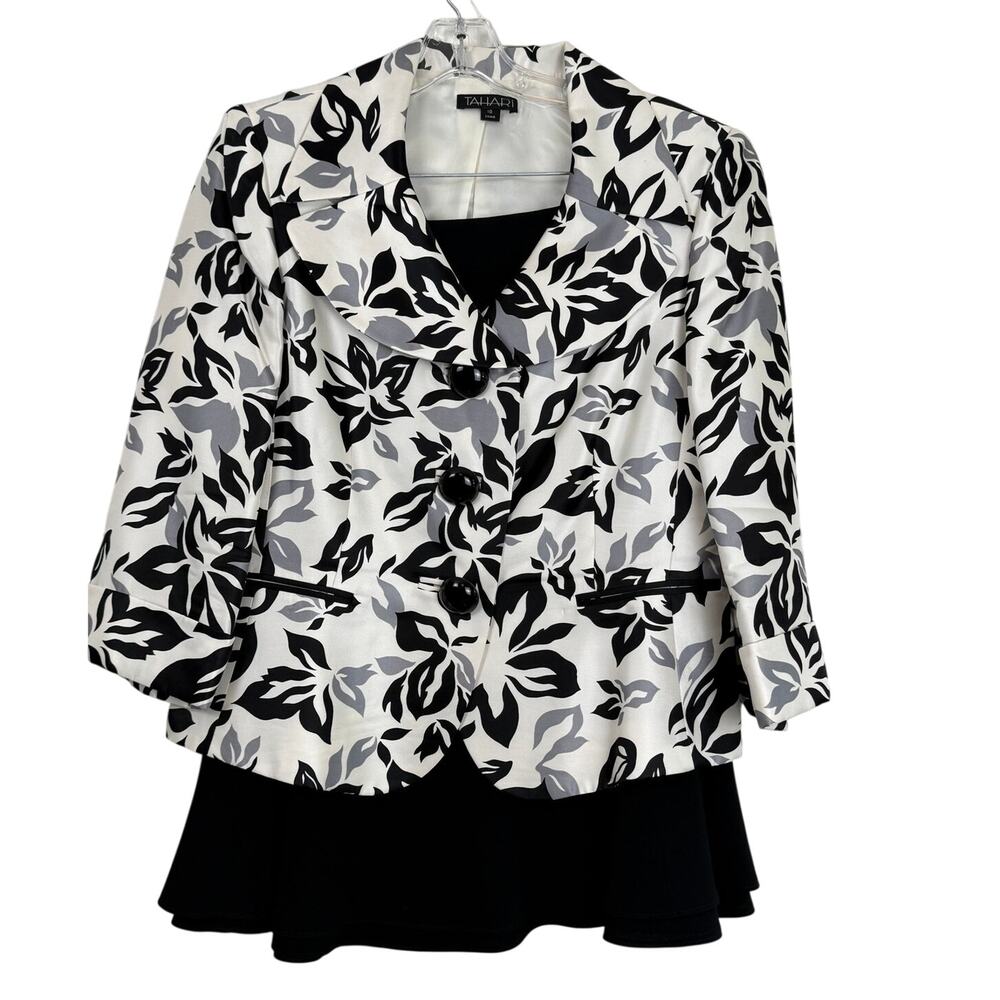 Tahari ASL 100% Silk 2 Pc Skirt Suit Sz 10 Black White Floral Blazer Career